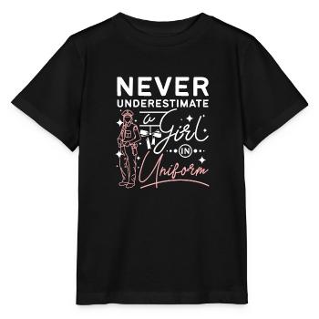 Never underestimate a girl in uniform - Stanley/Stella Kinder T-Shirt MINI CREATOR  - Schwarz - Vorne - Mikhail (115cm)
