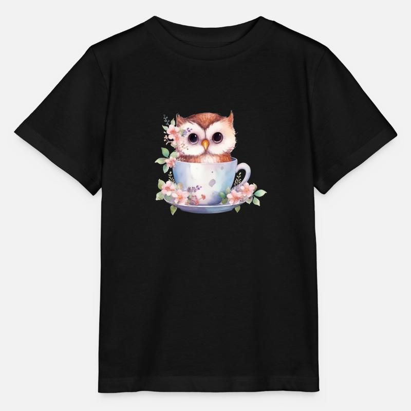 Mignon bébé hibou avec des fleurs dans une tasse - T-shirt bio MINI CREATOR Stanley/Stella Enfant - noir