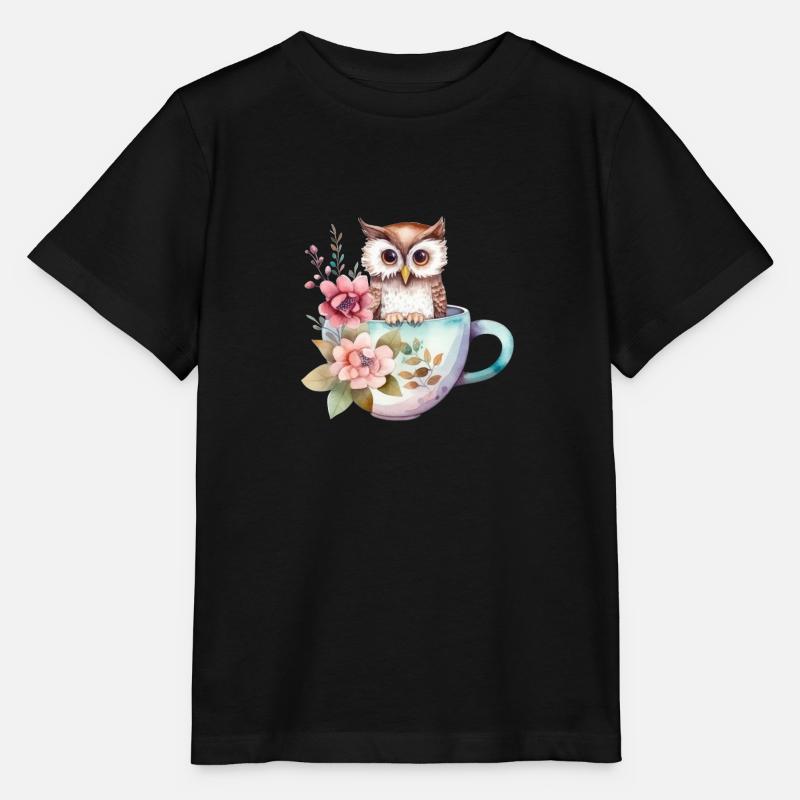 Hibou mignon avec des fleurs dans une tasse de café - T-shirt bio MINI CREATOR Stanley/Stella Enfant - noir