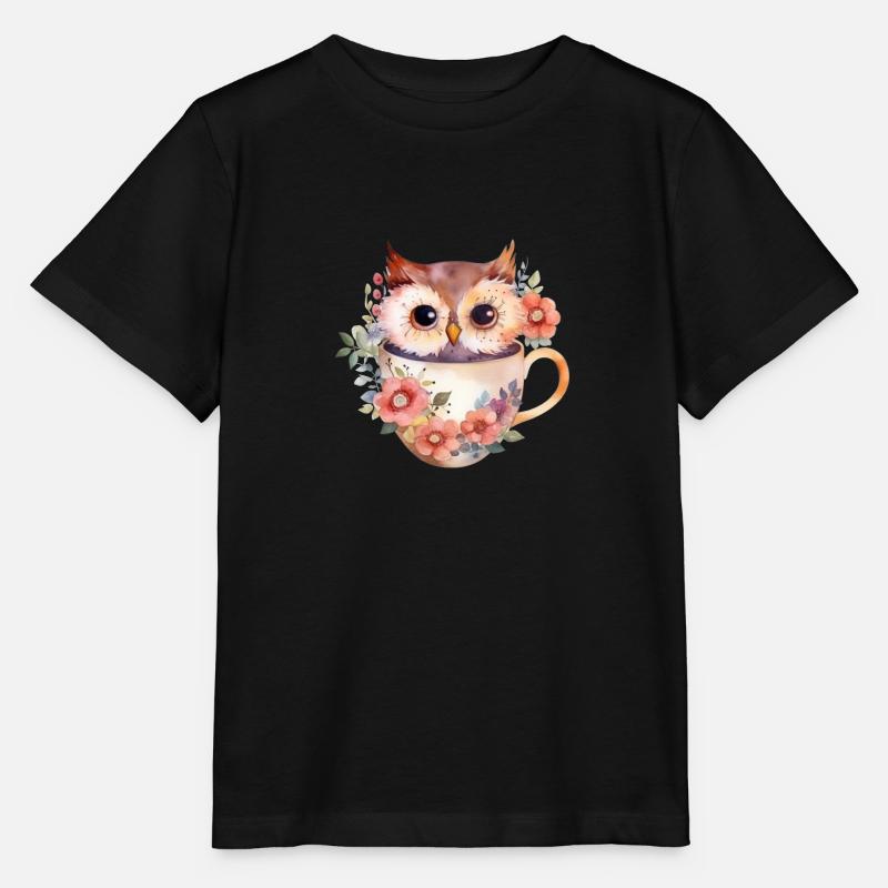Niedliche Eule sitzt in einer Tasse mit Blumen - Stanley/Stella Kinder T-Shirt MINI CREATOR  - Schwarz