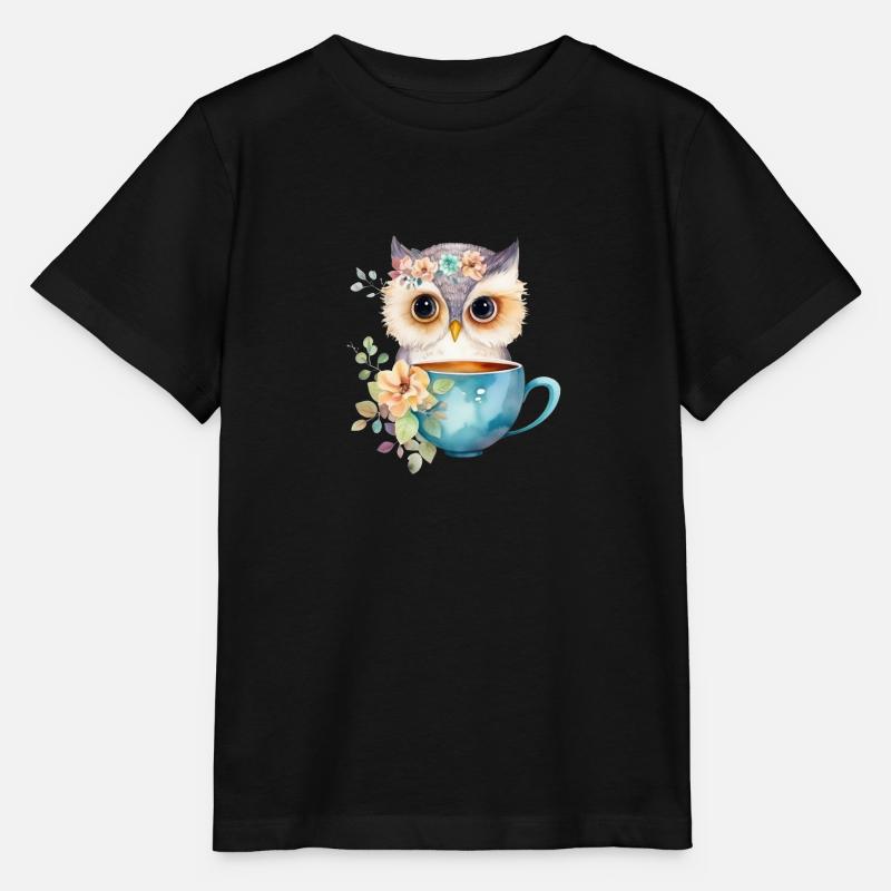 Hibou mignon avec café et fleurs - T-shirt bio MINI CREATOR Stanley/Stella Enfant - noir