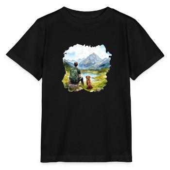 Mann mit Hund Wandern Outdoor Berge See - Stanley/Stella Kinder T-Shirt MINI CREATOR  - Schwarz - Vorne - Mikhail (115cm)