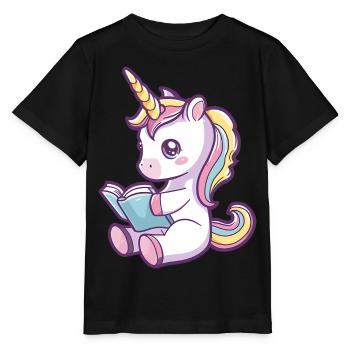 Niedliches Einhorn Cartoon liest ein Buch - Stanley/Stella Kinder T-Shirt MINI CREATOR  - Schwarz - Vorne - Mikhail (115cm)