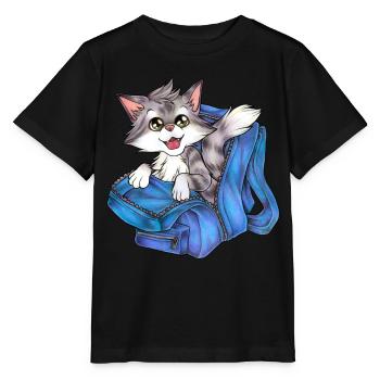 Niedliche Katze in Schulranzen Rucksack Schule - Stanley/Stella Kinder T-Shirt MINI CREATOR  - Schwarz - Vorne - Mikhail (115cm)