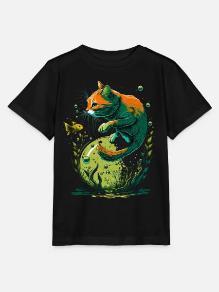Fantasy Katze spielt mit Goldfischen - Stanley/Stella Kinder T-Shirt MINI CREATOR - Schwarz