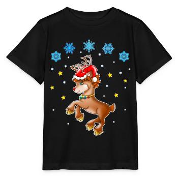 Rentier Rudolf mit Nikolausmütze - Stanley/Stella Kinder T-Shirt MINI CREATOR  - Schwarz - Vorne - Mikhail (115cm)