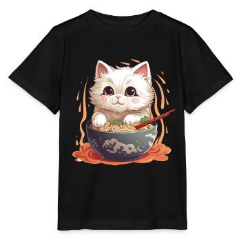 Eine Schüssel Ramen mit einem Gast: einer Kawai-Katze - Stanley/Stella Kinder T-Shirt MINI CREATOR  - Schwarz - Vorne - Mikhail (115cm)