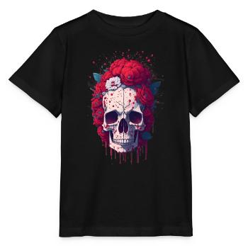 Totenkopf mit roten Blumen - Stanley/Stella Kinder T-Shirt MINI CREATOR  - Schwarz - Vorne - Mikhail (115cm)