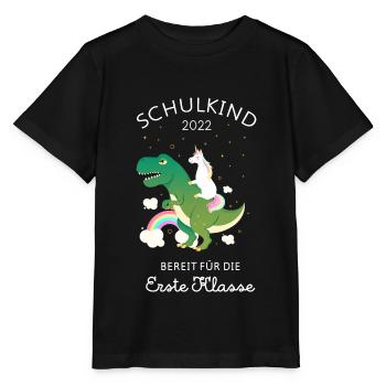 Schulkind 2022 Einhorn Reitet Auf Dino Zur Schule - Stanley/Stella Kinder T-Shirt MINI CREATOR  - Schwarz - Vorne - Mikhail (115cm)