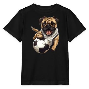 Pug in football fever: Striker with paws - Stanley/Stella MINI CREATOR Kids’ T-Shirt - black - Front - Mikhail (115cm)