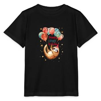 Liebenswertes Faultier hält Geburtstagsballons - Stanley/Stella Kinder T-Shirt MINI CREATOR  - Schwarz - Vorne - Mikhail (115cm)