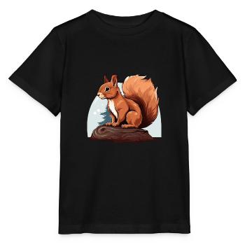 Herbst Eichhörnchen auf Orange Pilz Wald Szene - Stanley/Stella Kinder T-Shirt MINI CREATOR  - Schwarz - Vorne - Mikhail (115cm)