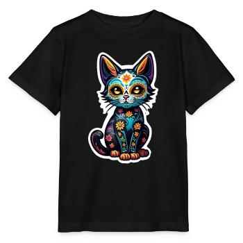 Katze Mexiko - Dia de los Muertos - Stanley/Stella Kinder T-Shirt MINI CREATOR  - Schwarz - Vorne - Mikhail (115cm)