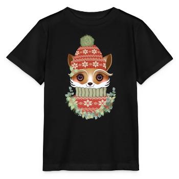 cute fox with sweater, bobble hat & wreath - Stanley/Stella MINI CREATOR Kids’ T-Shirt - black - Front - Mikhail (115cm)