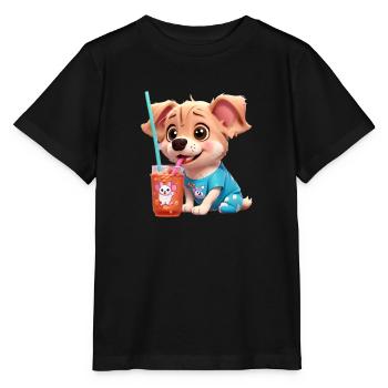 Chien mignon buvant de la paille. - T-shirt bio MINI CREATOR Stanley/Stella Enfant - noir - Devant - Mikhail (115cm)