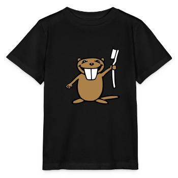 Lustiger Biber mit Zahnbürste - Stanley/Stella Kinder T-Shirt MINI CREATOR  - Schwarz - Vorne - Mikhail (115cm)