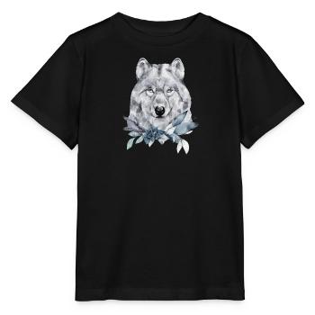 Wolfsporträt geschmückt mit Weihnachtspflanzen - Stanley/Stella Kinder T-Shirt MINI CREATOR  - Schwarz - Vorne - Mikhail (115cm)