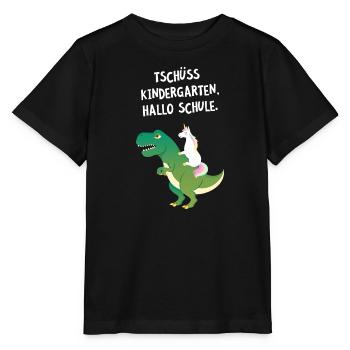 Tschüss Kindergarten, Hallo Schule. Einhorn Dino - Stanley/Stella Kinder T-Shirt MINI CREATOR  - Schwarz - Vorne - Mikhail (115cm)