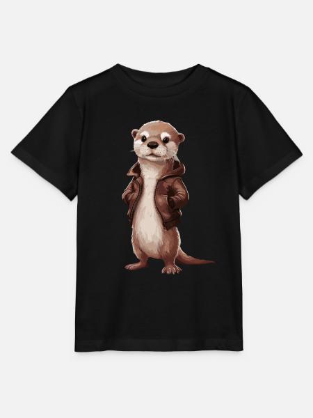 Viileä saukko nahkatakin kuvitustaiteella - Stanley/Stella MINI CREATOR lasten t-paita - musta