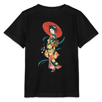 Traditionelle Japanische Geisha mit Blütenmuster - Stanley/Stella Kinder T-Shirt MINI CREATOR  - Schwarz - Vorne - Mikhail (115cm)