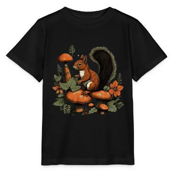 Herbst Eichhörnchen auf Orange Pilz Wald Szene - Stanley/Stella Kinder T-Shirt MINI CREATOR  - Schwarz - Vorne - Mikhail (115cm)