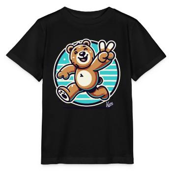 Laufender Bär mit Zwinkern und Peace-Zeichen - Stanley/Stella Kinder T-Shirt MINI CREATOR  - Schwarz - Vorne - Mikhail (115cm)