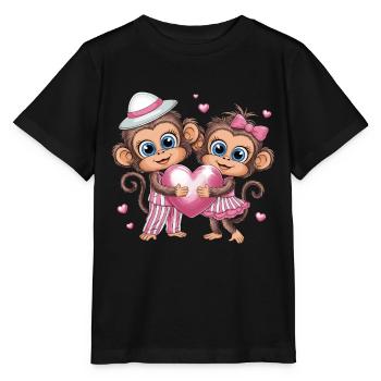 Cute Monkey Love With Heart And Pink Bow - Stanley/Stella MINI CREATOR Kids’ T-Shirt - black - Front - Mikhail (115cm)