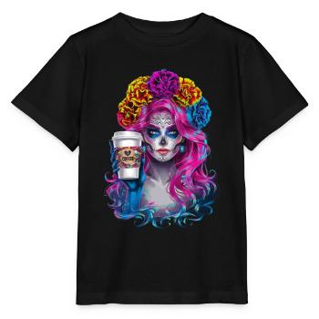 Dia de los Muertos Coffee with Beautiful Woman from - Stanley/Stella MINI CREATOR Kids’ T-Shirt - black - Front - Mikhail (115cm)