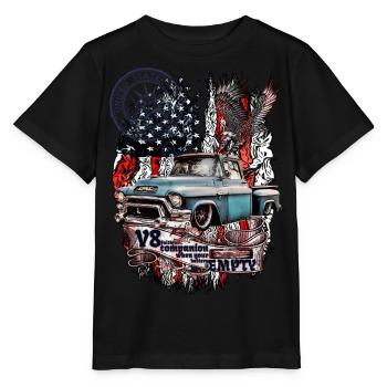 Legendärer V8 LKW auf Amerikanischer Flagge Adler - Stanley/Stella Kinder T-Shirt MINI CREATOR  - Schwarz - Vorne - Mikhail (115cm)