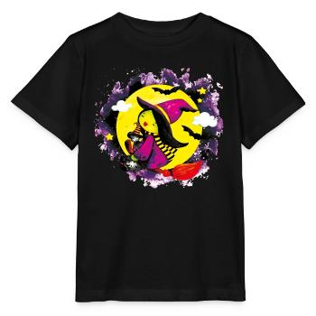 Watercolor cute witch flying with her broom - T-shirt bio MINI CREATOR Stanley/Stella Enfant - noir - Devant - Mikhail (115cm)