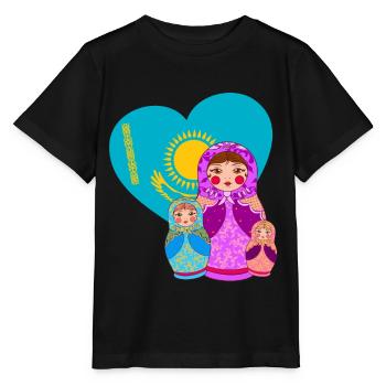 Babuschka Matrjoschka Design mit Kasachstan Flagge - Stanley/Stella Kinder T-Shirt MINI CREATOR  - Schwarz - Vorne - Mikhail (115cm)