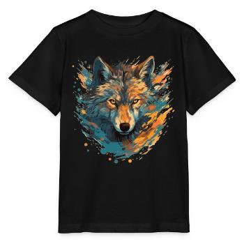 Künstlerisches Wolfsporträt - Stanley/Stella Kinder T-Shirt MINI CREATOR  - Schwarz - Vorne - Mikhail (115cm)
