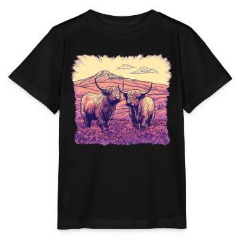 Rustic Scottish Highland cow landscape and - Stanley/Stella MINI CREATOR Kids’ T-Shirt - black - Front - Mikhail (115cm)