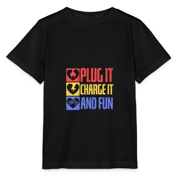 Einstecken, aufladen und Spaß haben Elektrofahrrad - Stanley/Stella Kinder T-Shirt MINI CREATOR  - Schwarz - Vorne - Mikhail (115cm)