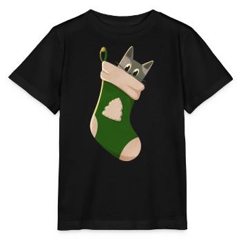 Gray cat in green boot - Stanley/Stella MINI CREATOR Kids’ T-Shirt - black - Front - Mikhail (115cm)