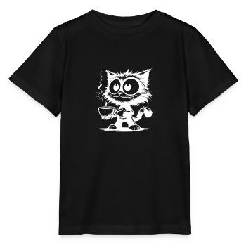 Katze grinsend mit heisser Kaffee Tasse - Stanley/Stella Kinder T-Shirt MINI CREATOR  - Schwarz - Vorne - Mikhail (115cm)