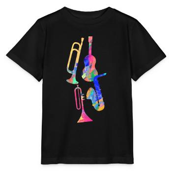 Jazz,Instruments,Trompette,Guitare,Saxophone - T-shirt bio MINI CREATOR Stanley/Stella Enfant - noir - Devant - Mikhail (115cm)