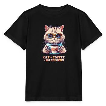 Cat Plus Coffee is Happiness - Stanley/Stella MINI CREATOR Kids’ T-Shirt - black - Front - Mikhail (115cm)