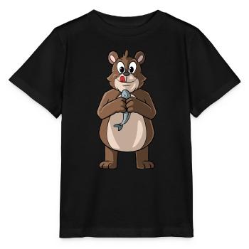 Cute bear holding a fish - Stanley/Stella MINI CREATOR Kids’ T-Shirt - black - Front - Mikhail (115cm)