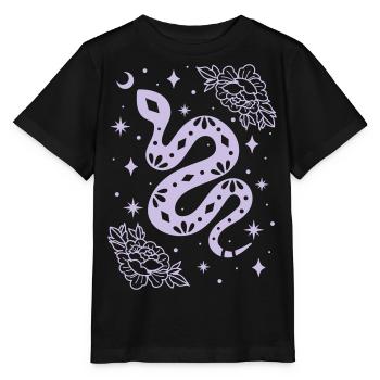 Schlange und Pfingstrosen zwischen Sternen und Mond - Stanley/Stella Kinder T-Shirt MINI CREATOR  - Schwarz - Vorne - Mikhail (115cm)