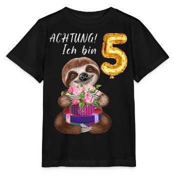 Achtung Ich bin Fünf Lustiges Faultier Geburtstag - Stanley/Stella Kinder T-Shirt MINI CREATOR  - Schwarz - Vorne - Mikhail (115cm)