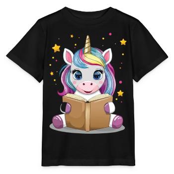 Süßes Kawaii Einhorn liest Buch Vektor DesignBesch - Stanley/Stella Kinder T-Shirt MINI CREATOR  - Schwarz - Vorne - Mikhail (115cm)