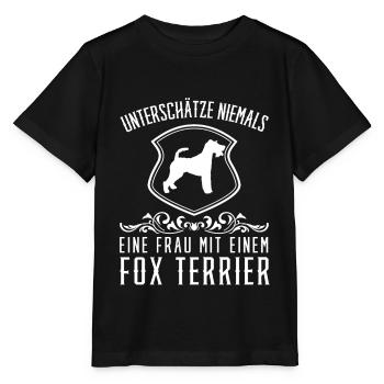 Unterschätze niemals eine Frau mit Fox Terrier - Stanley/Stella Kinder T-Shirt MINI CREATOR  - Schwarz - Vorne - Mikhail (115cm)