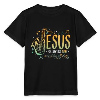 Jesus,Saxophone,Music,Religious. - Stanley/Stella MINI CREATOR Kids’ T-Shirt - black - Front - Mikhail (115cm)
