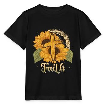 Religiöse Sonnenblumenkreuz christlicher Glaube - Stanley/Stella Kinder T-Shirt MINI CREATOR  - Schwarz - Vorne - Mikhail (115cm)