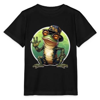 happy cooler Frosch mit Brille und Hut beim winken - Stanley/Stella Kinder T-Shirt MINI CREATOR  - Schwarz - Vorne - Mikhail (115cm)