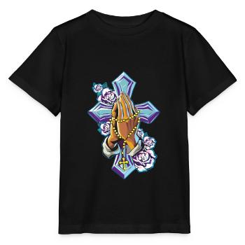 Croix mains priant le chapelet - T-shirt bio MINI CREATOR Stanley/Stella Enfant - noir - Devant - Mikhail (115cm)