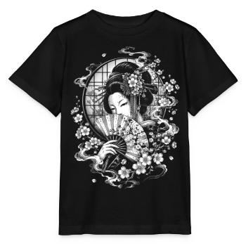 Japanese Geisha with Fan in Tattoo Style - Stanley/Stella MINI CREATOR Kids’ T-Shirt - black - Front - Mikhail (115cm)