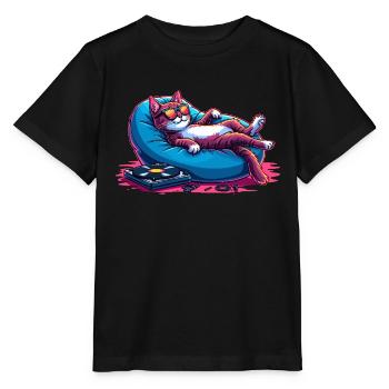 Katze & Musik, Bunte Digitale Kunst Katze - Stanley/Stella Kinder T-Shirt MINI CREATOR  - Schwarz - Vorne - Mikhail (115cm)