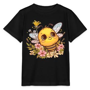 Honigbiene mit Blumenkranz - Stanley/Stella Kinder T-Shirt MINI CREATOR  - Schwarz - Vorne - Mikhail (115cm)